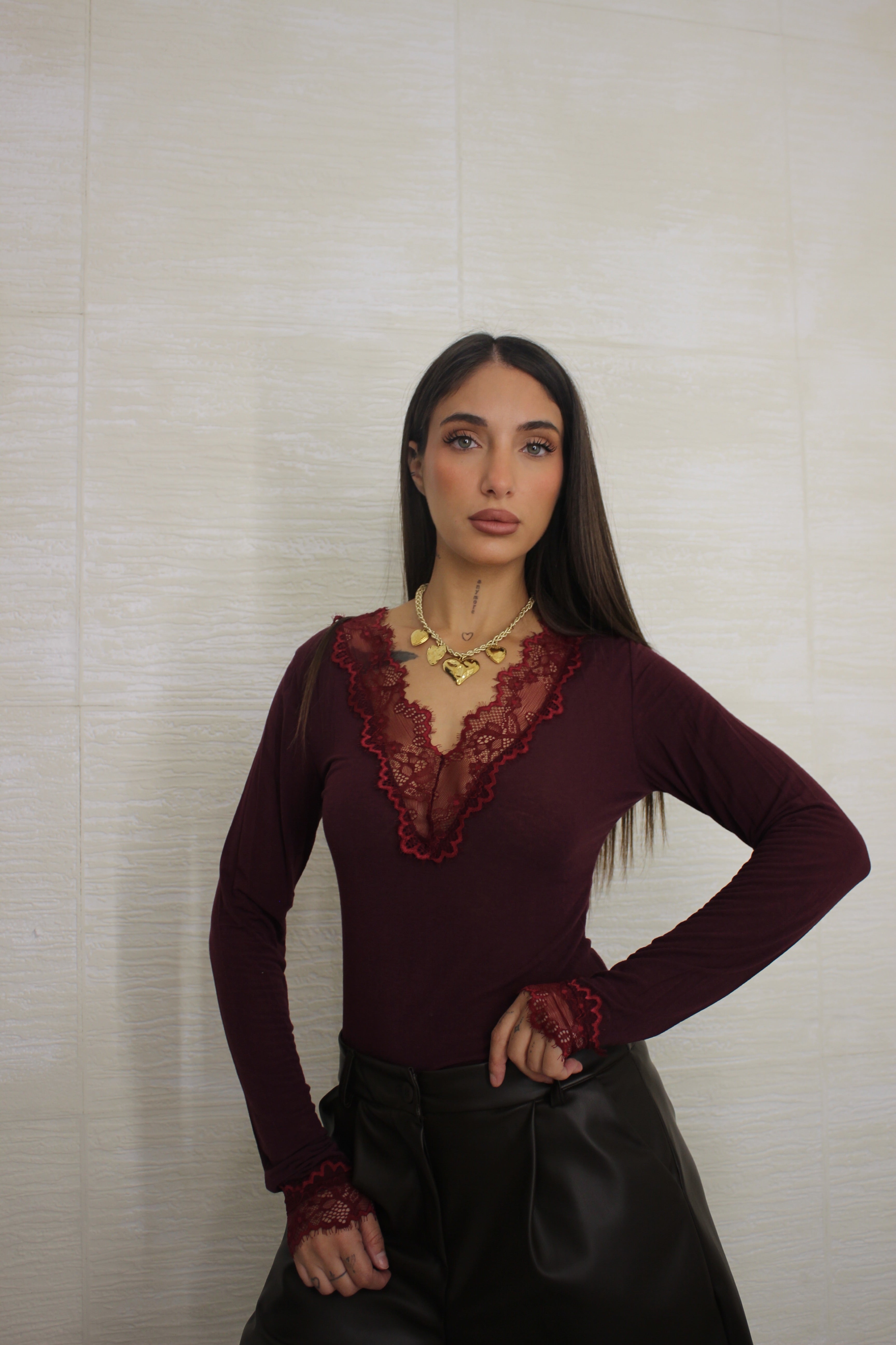 Maglia Cashmere con pizzo Bordeaux