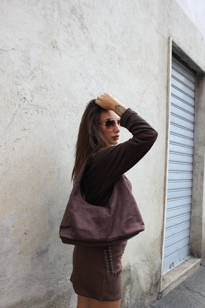 Hobo Bag in suede cioccolato
