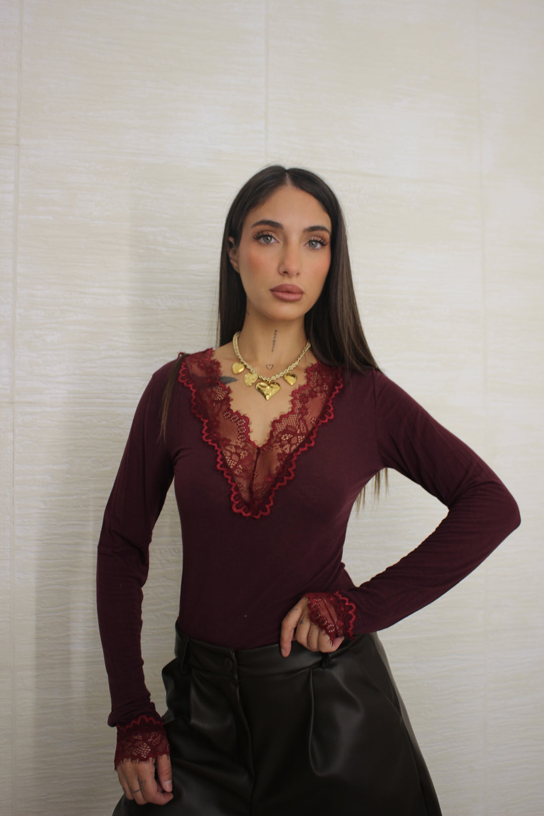 Maglia Cashmere con pizzo Bordeaux