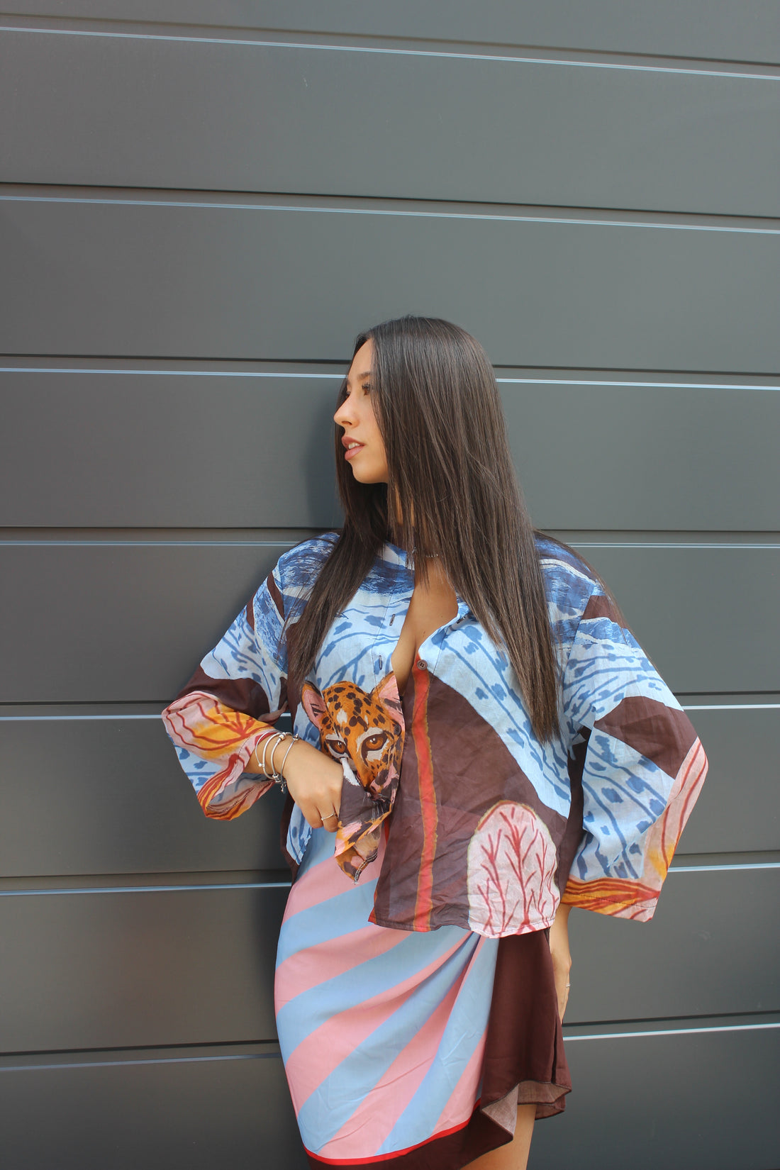 Camicia 100% cotone jungle celeste