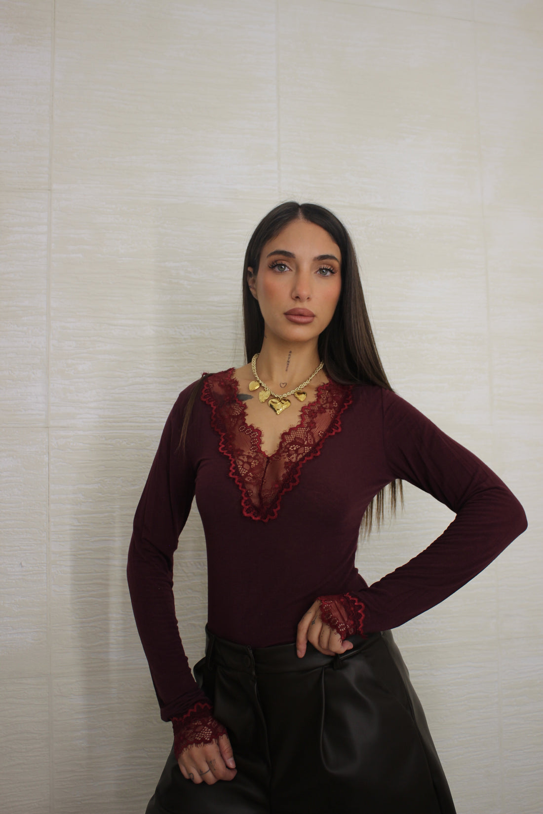 Maglia Cashmere con pizzo Bordeaux