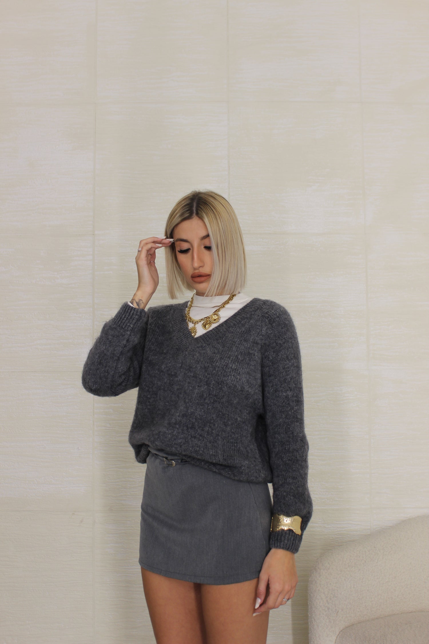 Pull Mohair scollo a V Grigio