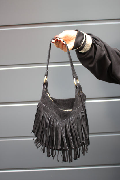 Bucket Bag con frange Nero