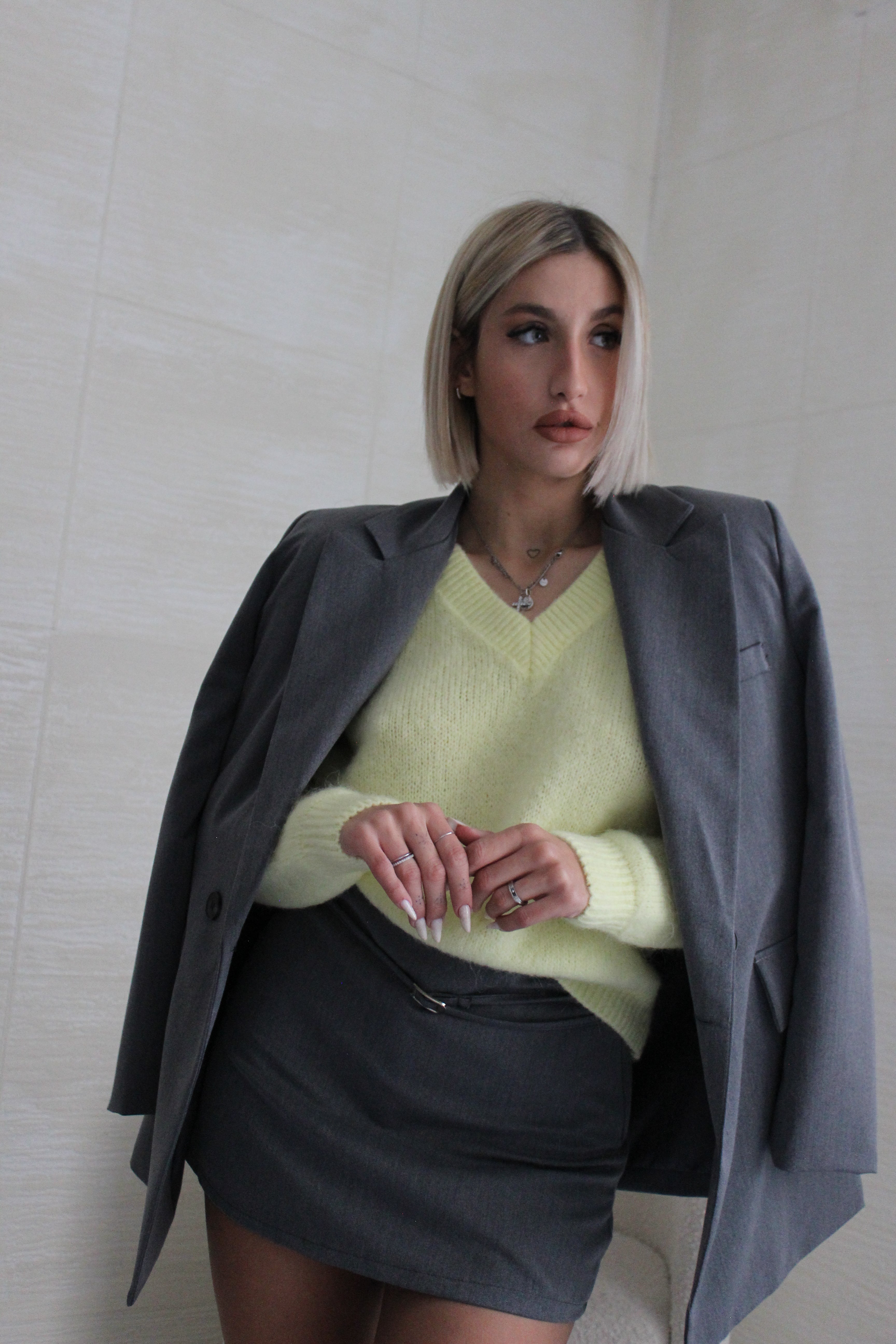 Pull Mohair scollo a V Grigio